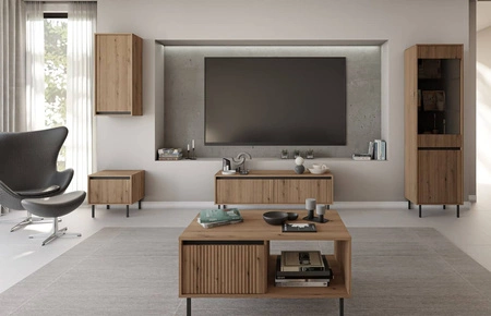 Nástěnná skříňka Osaka dub evoke / černá minimalistický design podtržený módními barvami vysoké kovové černé nohy vkusné rýhované čelo