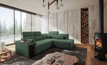 Rohová sedací souprava s funkcí spaní Tesalia VII mincovna pravý roh moderní design pohodlný posuvný opěrák zásuvka v boku nábytku