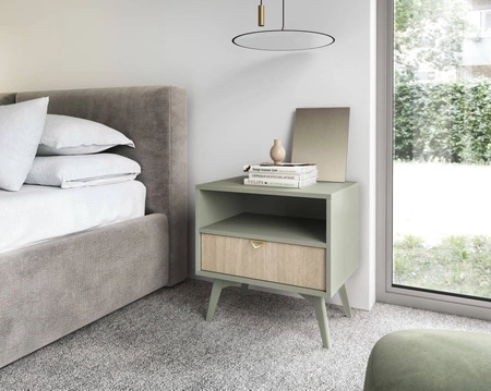 Wald eukalyptus / béžová rybí kost noční stolek se zásuvkou ideální skříňka do ložnice vkusný dekor rybí kosti na čele zásuvky