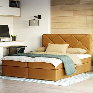 Kontinentální postel Luton 140x200 hořčice v moderním skandinávském stylu s výrazným čelem