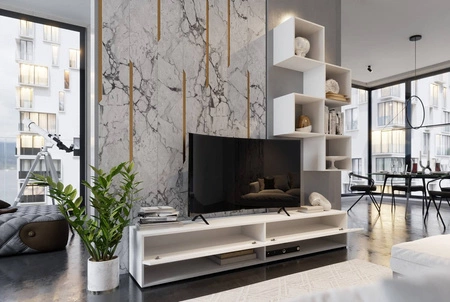 Nestorio bílá / bílý lesk stylový design, který se hodí k jakémukoli interiéru RTV skříňky s možností zavěšení