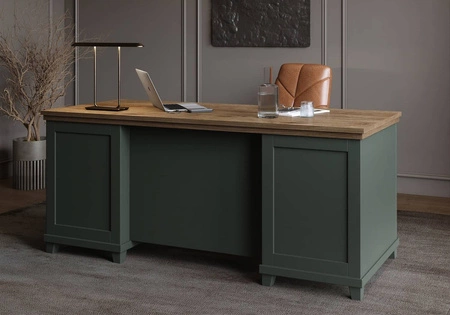 Psací stůl se zásuvkami Evora 180 cm láhev zelená / dub lefkas vkusným designem potěší milovníky výrazných interiérů do pracovny nebo kanceláře