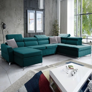 Rohová pohovka s funkcí spaní Rava VI azurová levá Praktická a moderní rohová pohovka vybavená multifunkční lampou