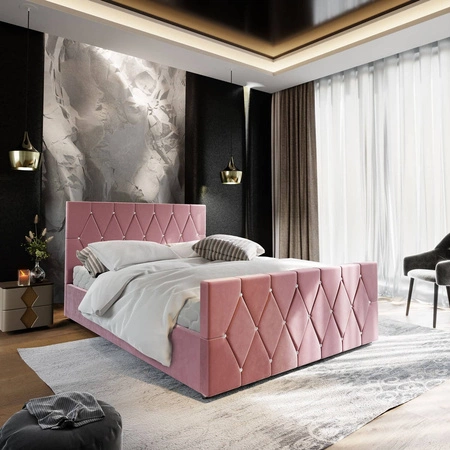 Čalouněná postel Tifton 140x200 v pudrově růžové barvě s úložným prostorem v moderním stylu s výrazným čelem a nohama s povrchovou úpravou krystaly