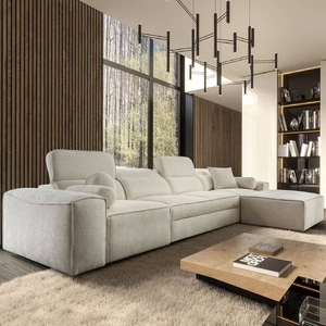 Rohová sedací souprava s funkcí spaní Viano XII krémová pravá Stylová rohová sedací souprava zajímavého tvaru s nastavitelnými opěrkami hlavy Dekorativní polštáře