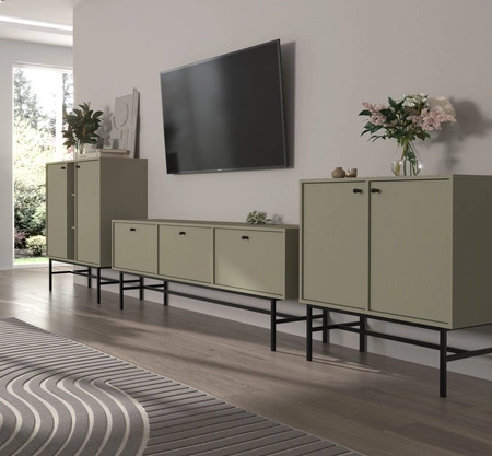 Nábytek Kioto III eukalyptus stylový designový nábytek do obývacího pokoje elegantní nábytek na černém rámu decentní úchytky