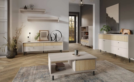 Nábytková sestava Cappo béžový písek / olejovaný dub Stylový nábytek do obývacího pokoje v decentních barvách a minimalistickém provedení