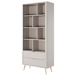 Knihovna Lante 88 cm béžová elegantní knihovna se zásuvkami designové drážkování na čelech kovové zlaté hrany úchytek