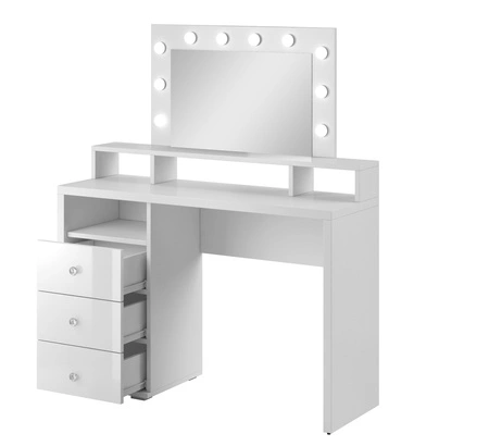 Toaletní stolek Diva bílý lesk s LED osvětlením kolem zrcadla stylové řešení usnadní organizaci kosmetiky a drobností