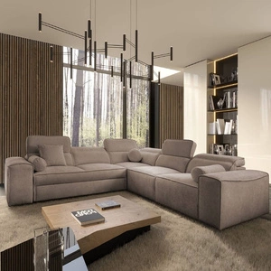 Rohová sedací souprava s funkcí spaní Viano III světle hnědá pravostranná rohová sedací souprava s kontejnery na lůžkoviny ideální do moderních interiérů