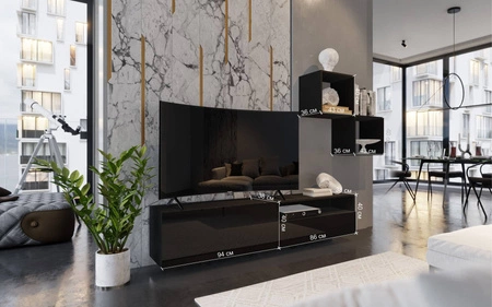 Mesini černá / černý lesk Moderní nástěnná skříňka do obývacího pokoje Praktický systém zásuvek s otevíráním push to open