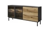 Komoda Clovis 180 cm černá / dub evokuje netradiční design komody s prosklenými čely se systémem push to open