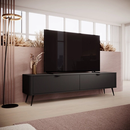 RTV skříň Lante 200 cm černá moderní design korpusu na vysokých nohách rýhované čelo charakteristický oválný tvar