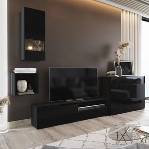 Nástěnná skříňka Pylos černá / černý lesk moderní design systém push to open pro dvířka a zásuvky nábytková sestava s komodou