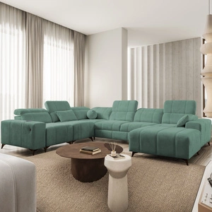 Rohová pohovka s funkcí spaní Penejos VIII zelená pravostranná stylová rohová rozkládací pohovka z odolné tkaniny