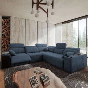 Rohová sedací souprava s funkcí spaní Tesalia III Lux modrá levá pohodlná rohová sedací souprava s výsuvnou podnožkou a posuvnou funkcí opěradla