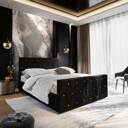 Černá čalouněná postel Tifton 180x200 s úložným boxem v moderním stylu s výrazným čelem a nohama s krystaly