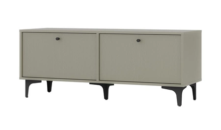 RTV skříň Kioto I 121 cm eukalyptus elegantní skříň s dvířky otevíranými dolů tlumené barvy černé doplňky