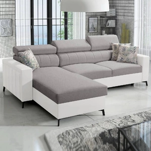 Rohová sedací souprava s funkcí spaní Savona světle šedá / bílá levá elegantní rohová sedací souprava s nastavitelnými opěrkami hlavy dekorativní prošívání
