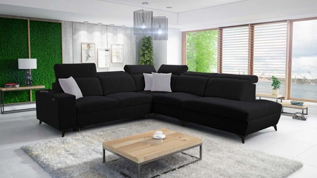 Pohovka na spaní Kelly Sleek IX černá pravá elegantní rohová pohovka s pohodlnými područkami a nastavitelnými opěrkami hlavy