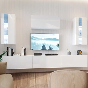 Nástěnná skříňka Tembi bílá / bílý lesk Moderní designová nástěnná skříňka do obývacího pokoje nebo zasedací místnosti Systém push to open