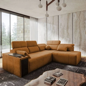 Rohová sedací souprava s funkcí spaní Tesalia VII med pravá moderní design pohodlný posuvný opěrák zásuvka v boční části nábytku