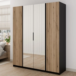 Zrcadlová šatní skříň Kastano VIII 200 cm černá / dub evokuje stylový design šatní skříně do ložnice nebo pokoje obohacený o úchytky na hraně