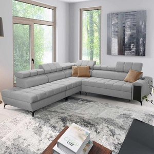 Rohová sedací souprava s funkcí spaní Bolmso IX šedá levá komfortní rohová sedací souprava do obývacího pokoje se zásuvkovými kontejnery na lůžkoviny stylový design