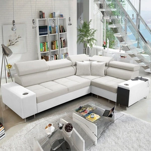 Rohová pohovka s funkcí spaní Dafni II slonovinová kost / bílý samet pravá rohová pohovka s úložným prostorem na lůžkoviny a zásuvkou v bočnici