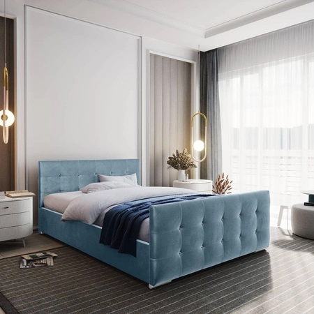 Čalouněná postel Alford 160x200 tyrkysová s úložným prostorem v moderním skandinávském stylu s prošívaným čelem a nohama s povrchovou úpravou krystaly