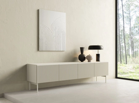 Nábytková sestava Muti béžová designová závěsná skříňka do obývacího pokoje poutavé drážky na čelech nábytku a korpusy systém push to open