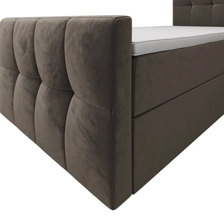 Kontinentální postel Manhattan 90x200 světle hnědá v moderním skandinávském stylu s čalouněným čelem a nohou postele s úložným boxem