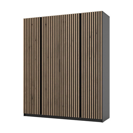 Šatní skříň Kastano XV 200 cm černá moderní design dveří zdobený dubovými lamelami evokujícími ideální šatní skříň do ložnice