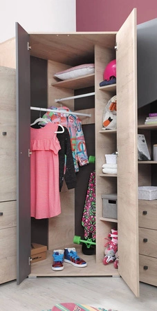 Sada nábytku Dzeta dub / antracit ideální do dětského pokoje nebo pokoje pro mladé v módním stylu