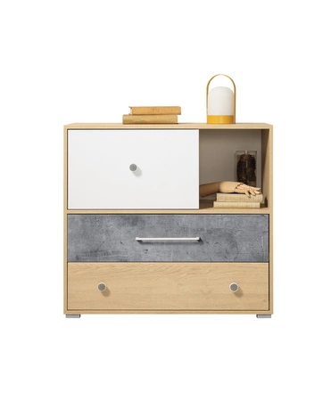 Nábytková sestava Cary dub biskvit / bílá / beton ideální do dětského pokoje nebo pokoje pro mladé v módním stylu