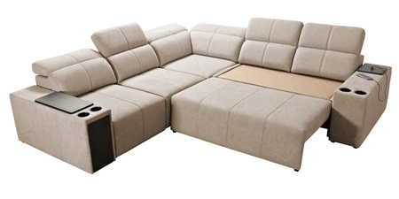 Rohová sedací souprava s funkcí spaní Tesalia III Lux modrá levá pohodlná rohová sedací souprava s výsuvnou podnožkou a posuvnou funkcí opěradla