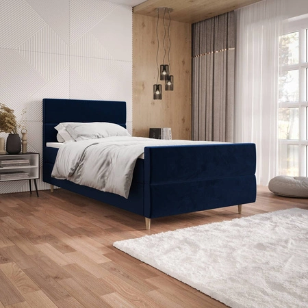 Modrá kontinentální postel Benet 100x200 v moderním skandinávském stylu s čalouněným čelem a nohama postele s úložným boxem