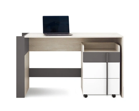 Psací stůl Remona 130 cm dub wilton bílý / bílý / antracit se skříňkou na kolečkách stylový a funkční do kanceláře, pracovny nebo pokoje pro mládež