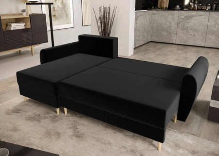 Rohová sedací souprava s funkcí spaní Rovigo černá levá elegantní rohová sedací souprava ve skandinávském tvaru velký prostor na lůžkoviny