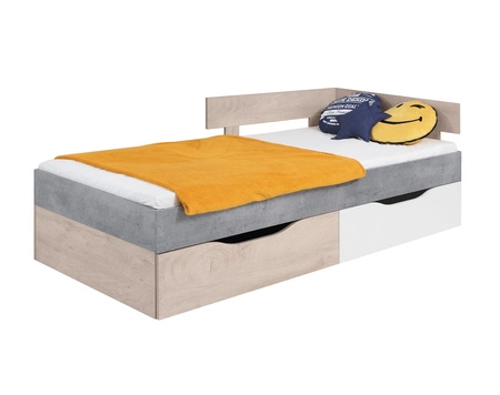 Postel se zásuvkami Epsilon 90x200 cm beton / bílá / dub moderní design lemování postele se speciální ABS dýhou