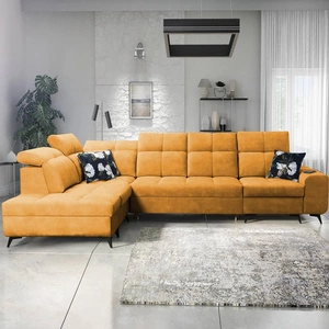 Rohová sedací souprava s funkcí spaní Buffalo XI žlutá levá strana stylová rohová sedací souprava se třemi přihrádkami na lůžkoviny velurová tkanina