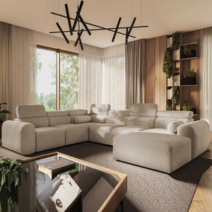 Rohová pohovka s funkcí spaní Cantare VIII béžová pravá strana vkusná rohová sedačka s polohovatelnými opěrkami hlavy kontejnery na lůžkoviny