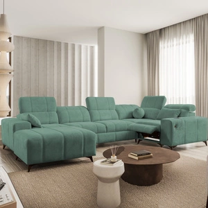 Rohová pohovka s funkcí spaní Penejos IV Lux zelená levostranná stylová rohová pohovka s pohodlným výsuvným podnožníkem