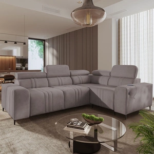 Rohová sedací souprava s funkcí spaní Castel II šedohnědá pravá komfortní rohová sedací souprava s polohovatelnými opěrkami hlavy kontejner na lůžkoviny