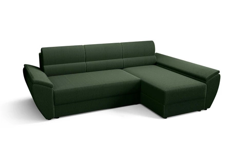 Rohová pohovka s funkcí spaní Fogu III zelená pravostranná stylová rohová pohovka s područkami a úložným prostorem na lůžkoviny manšestrová tkanina