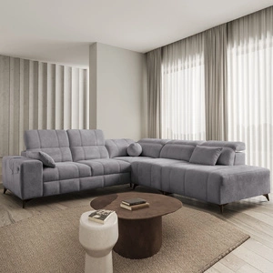 Rohová sedací souprava s funkcí spaní Penejos IX světle šedá pravostranná stylová rohová sedací souprava s kontejnery na lůžkoviny pohodlné nastavitelné opěrky hlavy