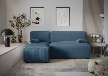 Rohová sedací souprava s funkcí spaní Brandon modrá levá trojrozměrná tkanina s výrazným pruhovaným kontejnerem na lůžkoviny