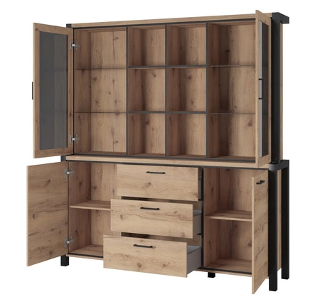 Příborník Activ 180 cm dub taurus / černý moderní design bezpečné tvrzené sklo stylové kovové úchytky prostorné zásuvky