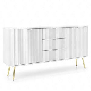 Komoda Zoya 168 cm zásuvková bílá elegantní design oválný tvar na kovových zlatých nohách vkusné rýhované čelo