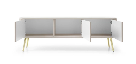 RTV skříňka Zoya 168 cm béžová moderní design korpusu na zlatých kovových nohách rýhované čelo charakteristický oválný tvar